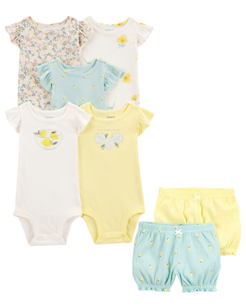 Baby 7-Piece Lemon Short-Sleeve Bodysuits & Shorts Set, image 1 of 10 slides