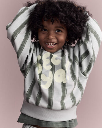 Toddler 'See Ya!' Striped Dolman-Sleeve Sweatshirt - Light Blue/Olive, 