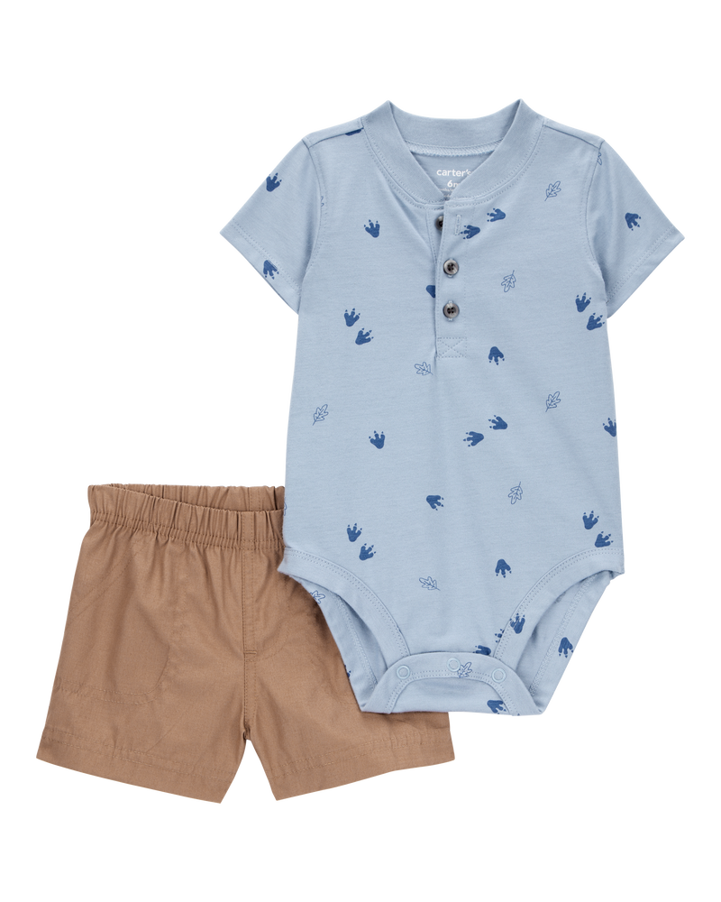 Baby Boy 2-Piece Dinosaur Footprint Bodysuit & Short Set - Blue/Brown, image 1 of 3 slides