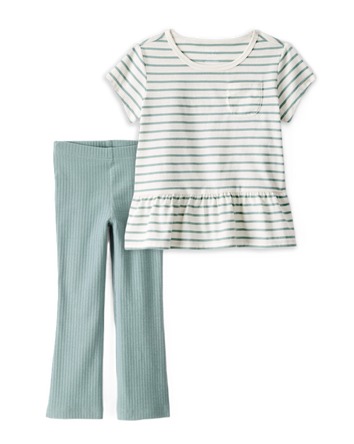 Toddler Girl 2-Piece Striped Peplum Top & Cotton Flare Leggings Set - Green/White, 