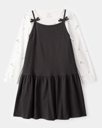 Kid 2-Piece Bow Print Tee & Tank Dress Set - Black/Ivory, 