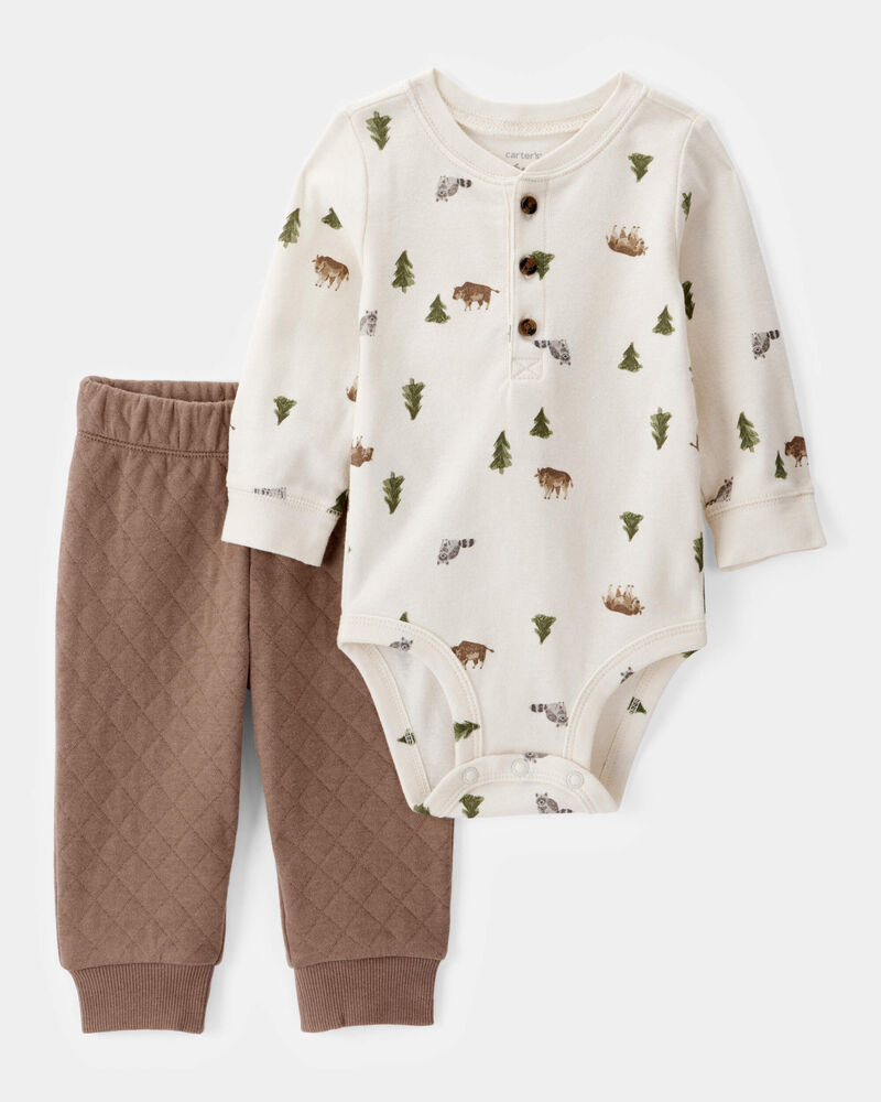 Baby Boy 2-Piece Woodland Print Long-Sleeve Bodysuit & Quilted Pant Set - Ivory/Brown, image 1 of 5 slides