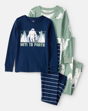 Boys Yeti Print 100% Cotton Long-Sleeve Snug Fit 4-Piece Pajamas - Green/Navy, 