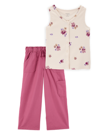 Kid 2-Piece Floral Button-Down Ribbed Tank Top & Drawstring Pants Set - Pink/Ivory, 