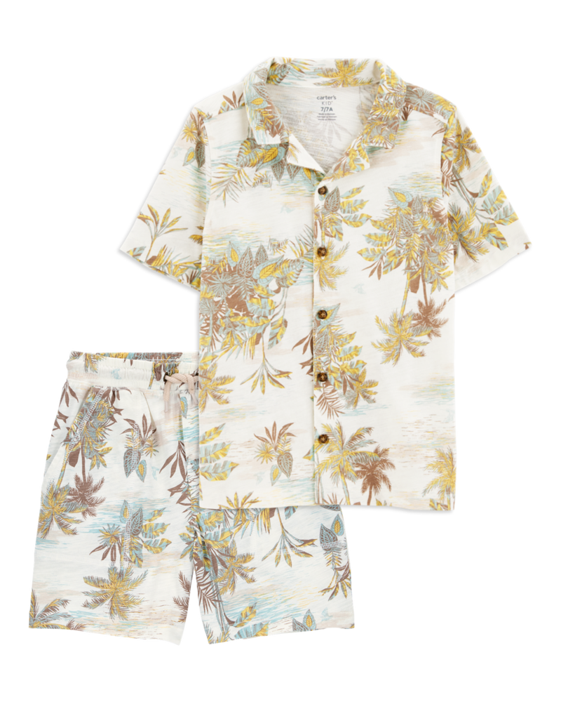 Kid 2-Piece Palm Tree Button-Down Shirt & Shorts Set, image 1 of 7 slides
