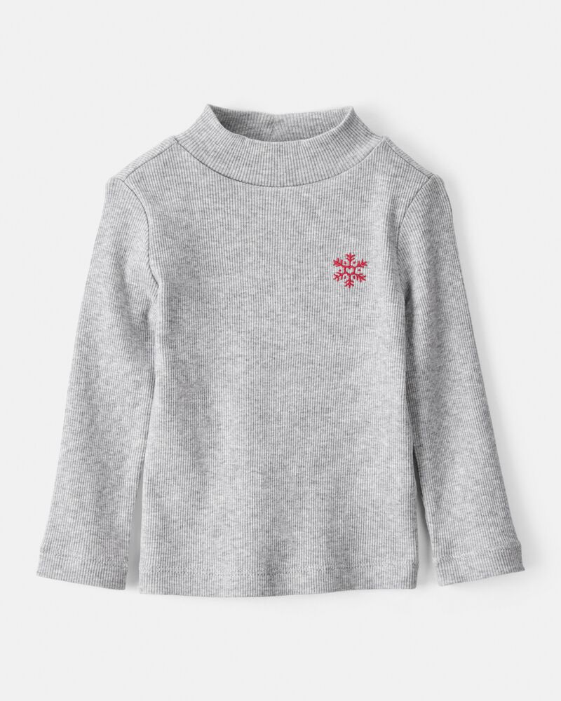 Baby Girl Snowflake Mock Neck Rib Top - Grey, image 1 of 4 slides