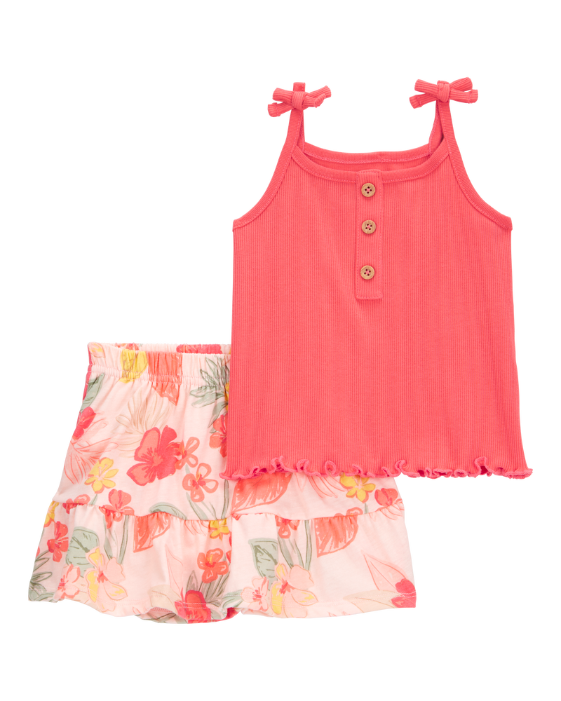 Baby 2-Piece Ribbed Tank & Floral Pull-On Skort Set - Pink, image 1 of 5 slides