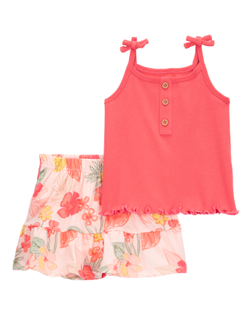 Baby 2-Piece Ribbed Tank & Floral Pull-On Skort Set - Pink, 