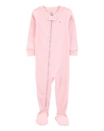 Baby Girl Heart Waffle Knit Footie 1-Piece Pajamas - Pink, 