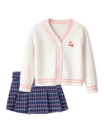 Toddler Girl 2-Piece Cherry Sweater & Plaid Knit Skort Set - Ivory/Navy, 