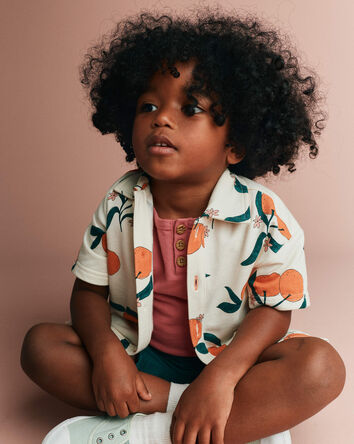 Toddler Boy Button-Down Short-Sleeve Shirt in Clementine Grove Print - Cream, 