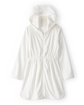 Girls Hooded Terry Cloth Swim Cover-Up Dress - White, 