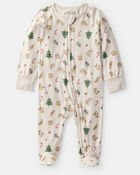 Baby Christmas Print PurelySoft Long-Sleeve Sleep & Play Pajamas - White, image 1 of 7 slides