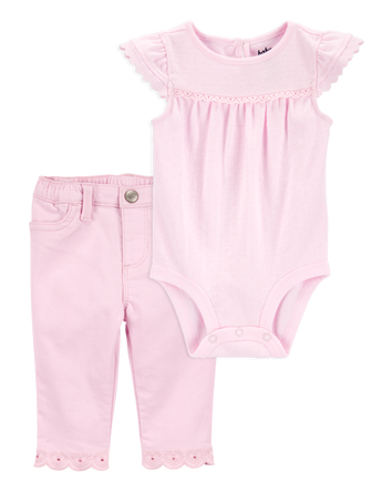 Baby 2-Piece Pointelle Bodysuit & Embroidered Hem Pants Set, 