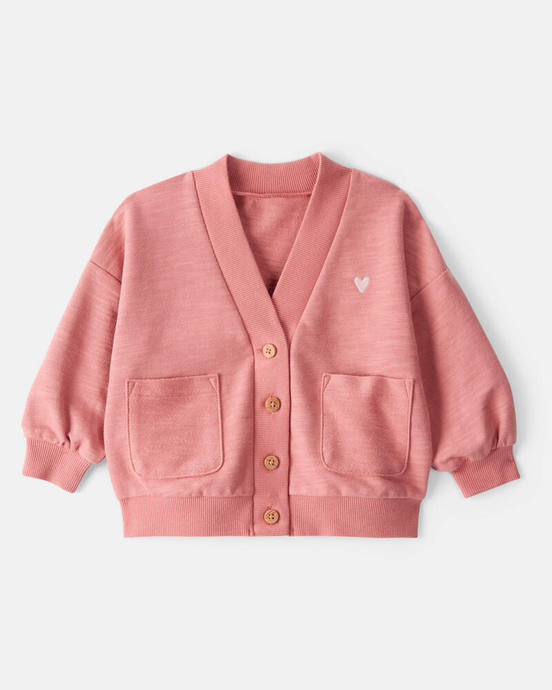Baby Girl Heart Cotton Long-Sleeve Cardigan Sweater - Pink, image 1 of 3 slides