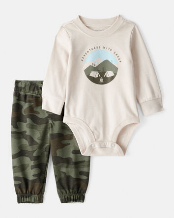 Baby Boy Camping Camo Cotton Long-Sleeve Bodysuit & Pant Set - Green/Beige, 