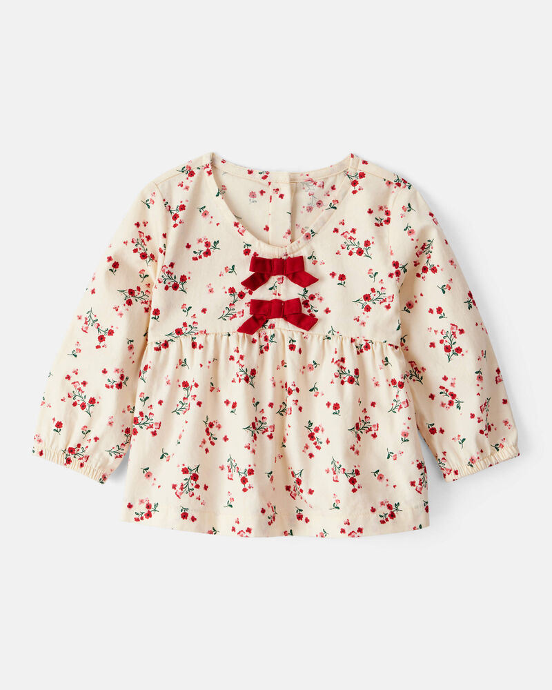Baby Girl Floral Print 100% Cotton Long-Sleeve Top - Ivory, image 1 of 4 slides