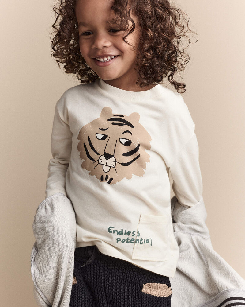 Toddler 'Endless Potential' Tiger Long-Sleeve Pocket Graphic Tee - Cream, image 1 of 7 slides