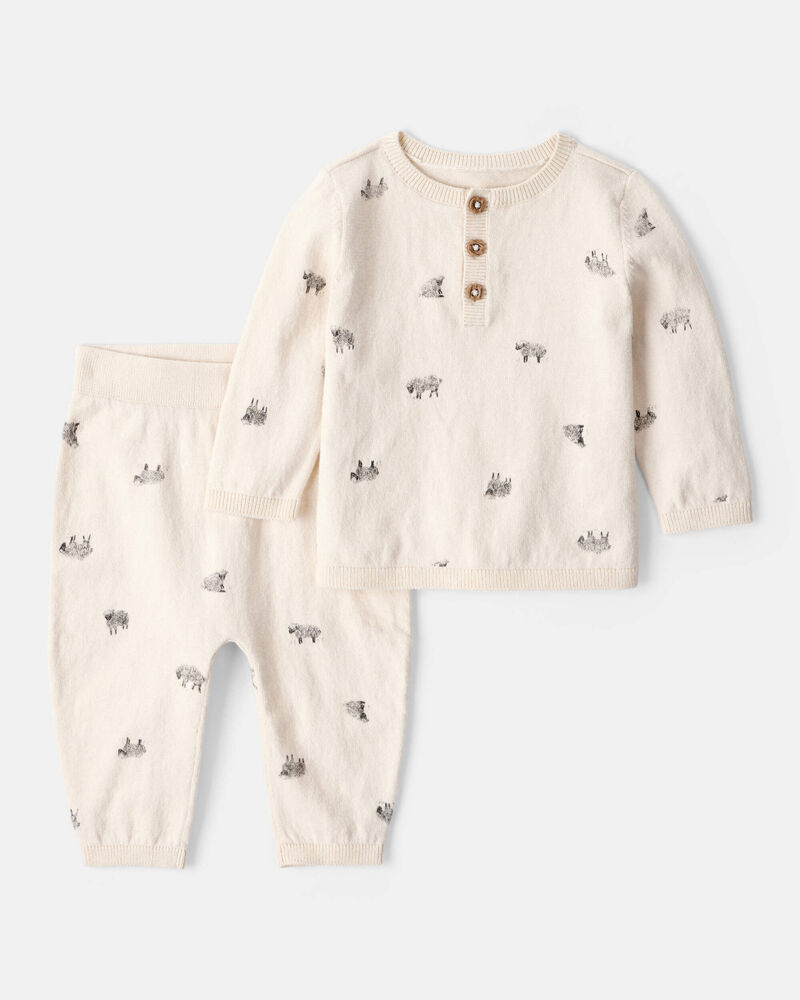 Baby Boy Sheep Print Cotton Long-Sleeve Tee & Pant Set - Ivory, image 1 of 3 slides