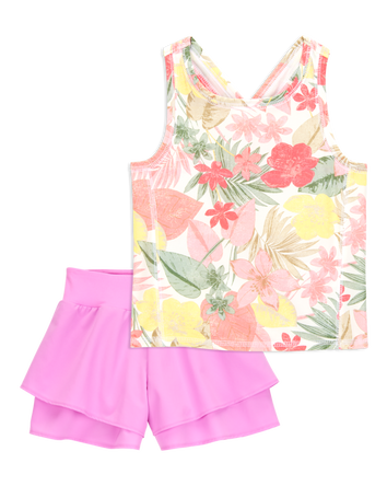 Kid 2-Piece Floral Active Racerback Tank & Flowy Layered Flip Short Set - Pink/Yellow, 