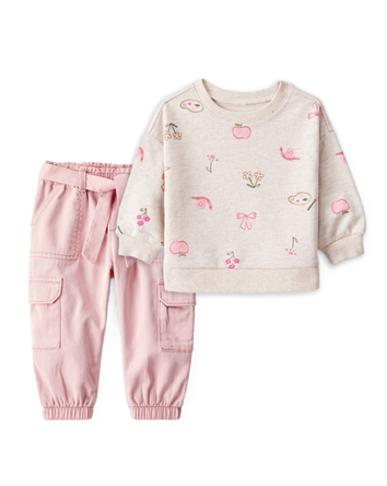 Toddler Girl 2-Piece French Terry Pullover Sweatshirt & Cargo Joggers Set - Ivory/Pink, 