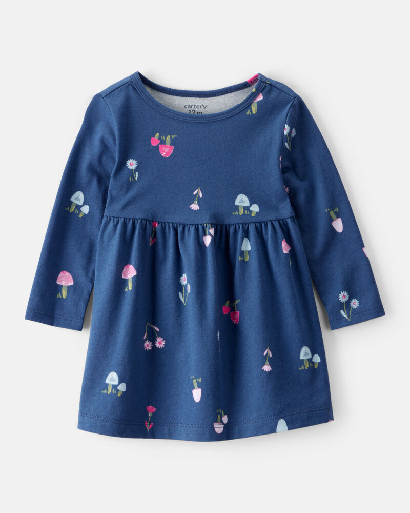 Baby Girl Mushroom Print Long-Sleeve Cotton Dress - Blue, image 1 of 4 slides