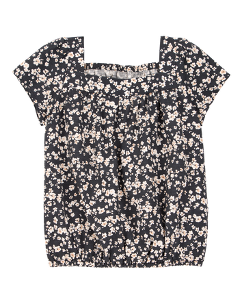 Toddler Square Neck Linen Look-Alike Floral Top - Black, 