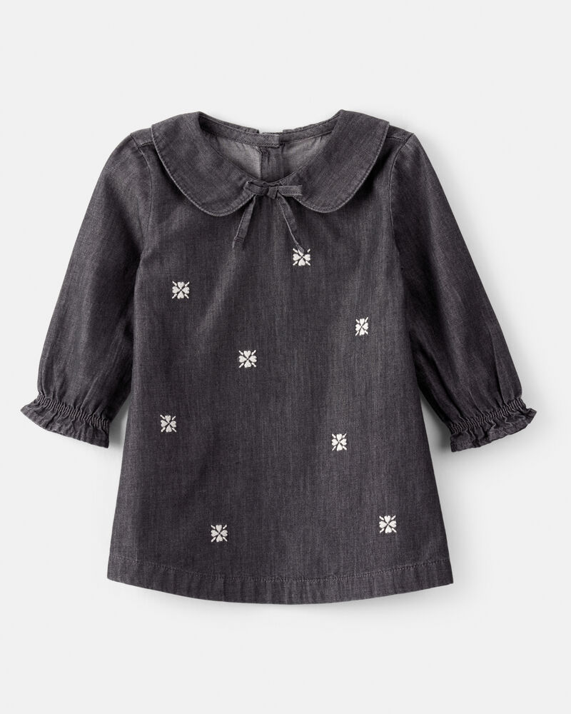 Baby Girl Floral Motif Chambray Long-Sleeve Dress - Grey, image 1 of 6 slides