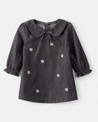 Baby Girl Floral Motif Chambray Long-Sleeve Dress - Grey, image 1 of 6 slides