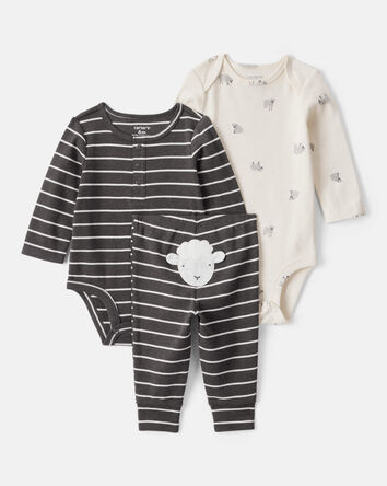Baby Boy 3-Piece Striped Sheep Print Long-Sleeve Bodysuits & Pant Set - White/Black, 