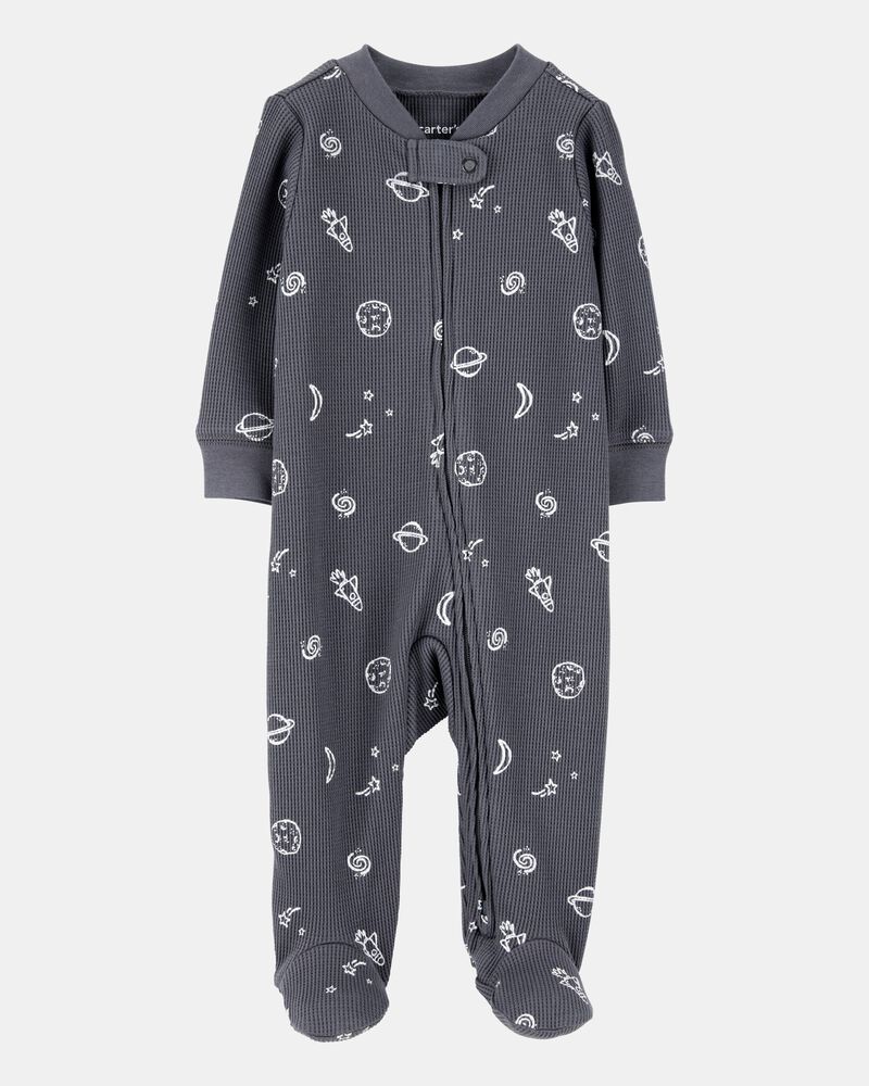 Baby Boy Space Print 2-Way Zip Waffle Knit Sleep & Play Pajamas - Grey, image 1 of 3 slides