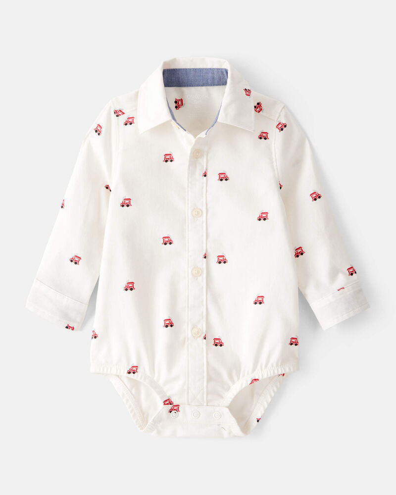 Baby Boy Train Print Button-Down Fashion Bodysuit - White, image 1 of 3 slides