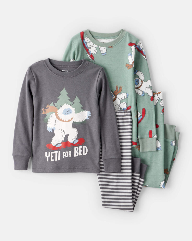 Toddler Boy Yeti Print 100% Cotton Long-Sleeve Snug Fit 4-Piece Pajamas - Grey/Green, image 1 of 5 slides