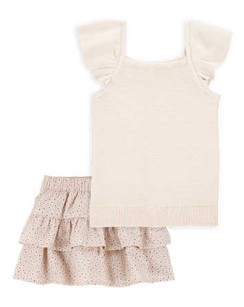 Toddler 2-Piece Flutter-Sleeve Rib Tank & Floral Ruffle Skort Set - Tan/White, 