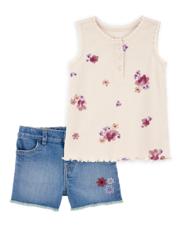 Toddler 2-Piece Floral Ribbed Tank Top & Denim Shorts Set - Ivory/Blue, 