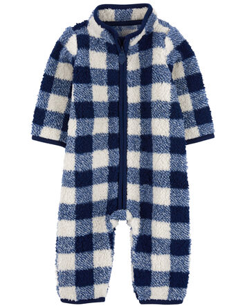 Baby Boy Plaid Sherpa Long-Sleeve Jumpsuit - Blue/Ivory, 