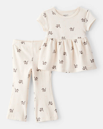 Baby 2-Piece Dog Print Ribbed Tee & Pull-On Pant Set - Ivory, 