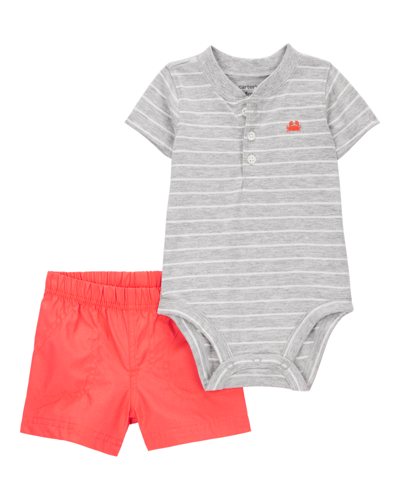Baby Boy 2-Piece Striped Bodysuit & Pull-On Short Set - Grey/Orange, image 1 of 3 slides