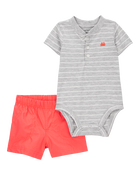 Baby Boy 2-Piece Striped Bodysuit & Pull-On Short Set - Grey/Orange, image 1 of 3 slides