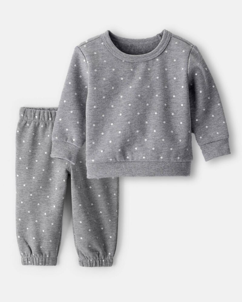 Baby Girl 2-Piece DayDream Fleece Polka Dot Sweatshirt & Pant Set - Grey, image 1 of 6 slides