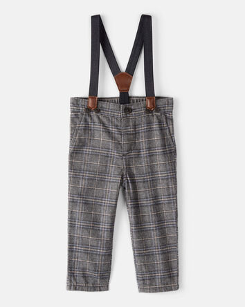 Baby Boy Plaid Cotton Pants With Suspenders - Grey, 