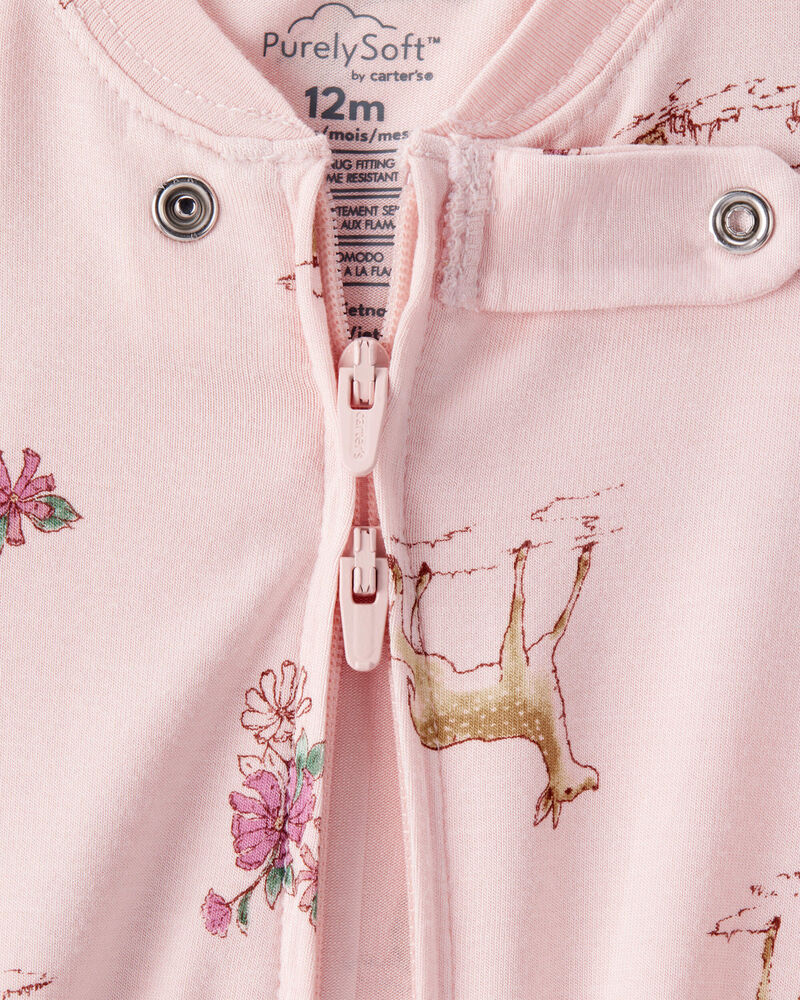 Baby Girl Deer & Floral Print PurelySoft Long-Sleeve 2-Way Zip 1-Piece Pajamas - Pink, image 2 of 6 slides