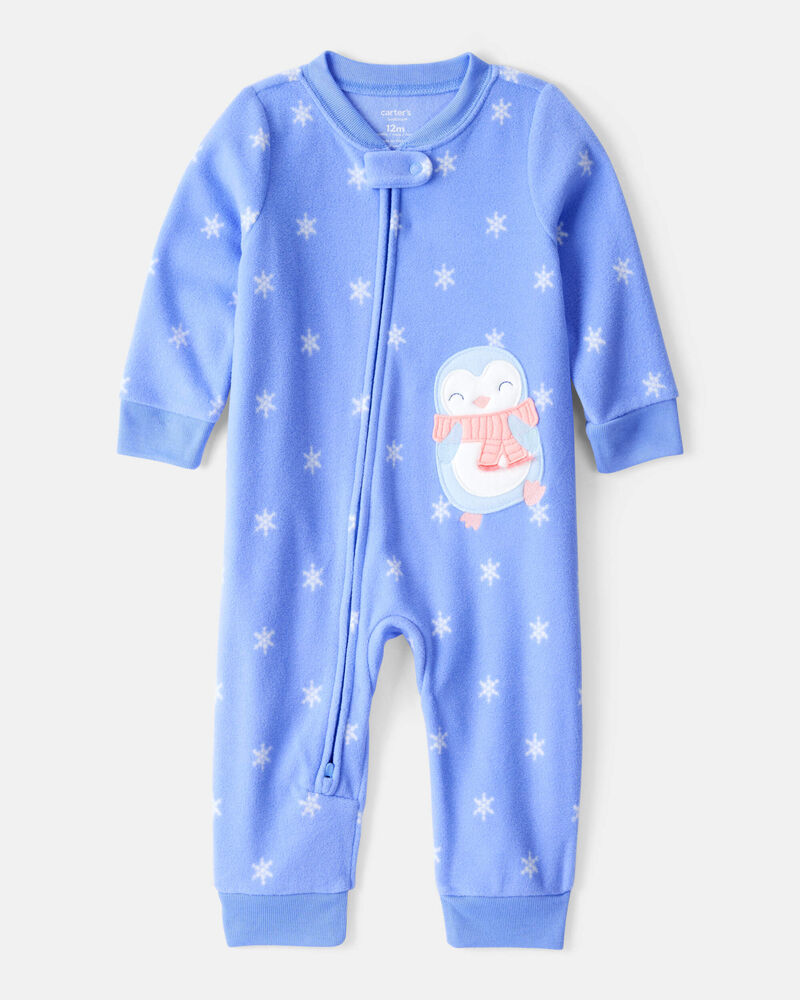 Baby Girl Penguin Fleece Long-Sleeve Loose Fit 1-Piece Pajamas - Blue, image 1 of 5 slides