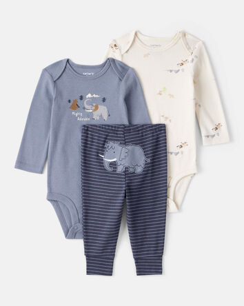 Baby Boy 3-Piece Elephant Print Long-Sleeve Bodysuit & Pant Set - Blue/White, 