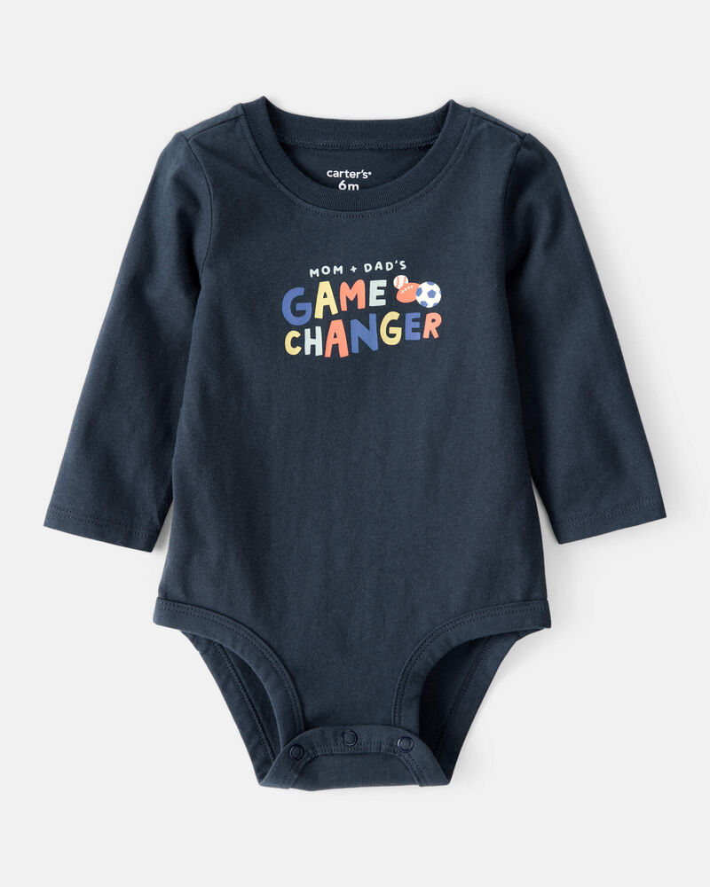 Baby Boy Cotton Long-Sleeve Graphic Bodysuit - Navy Blue, image 1 of 3 slides