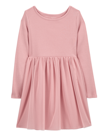 Kid Tulle Long-Sleeve Ribbed Dress, 