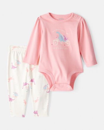 Baby Girl 2-Piece Dinosaur Print Cotton Long-Sleeve Bodysuit & Pant Set - Pink/White, 