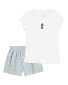 Kid 2-Piece Pineapple Graphic Tee & Linen Look-Alike Flowy Pull-On Shorts Set - White/Blue
, image 1 of 7 slides