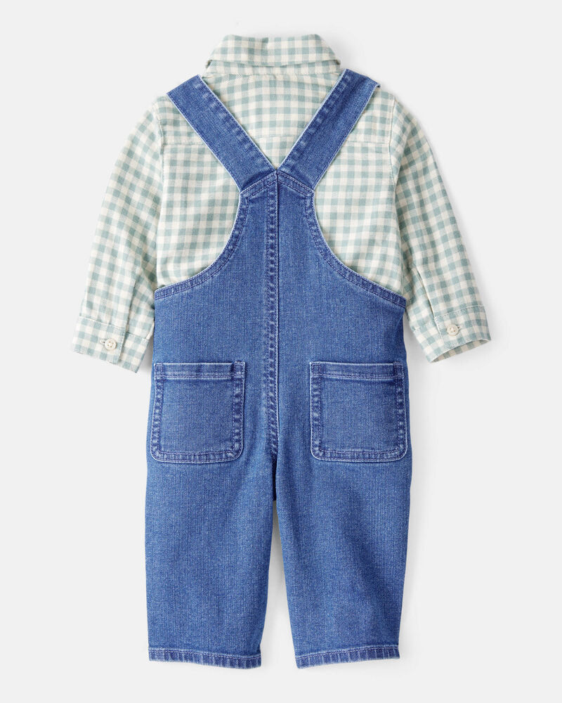 Baby Boy Checkered Print Bodysuit Overall Set - Blue/Green, image 2 of 6 slides