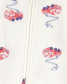 Toddler Boy Fire Truck Print Waffle Knit Footie 1-Piece Pajamas, image 2 of 4 slides